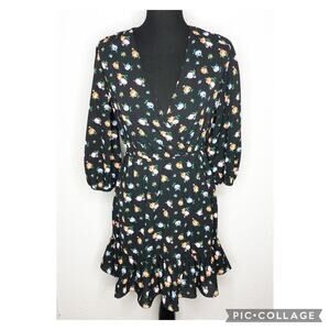 ASOS black orange‎ blue floral faux wrap ruffle hem dress size 0